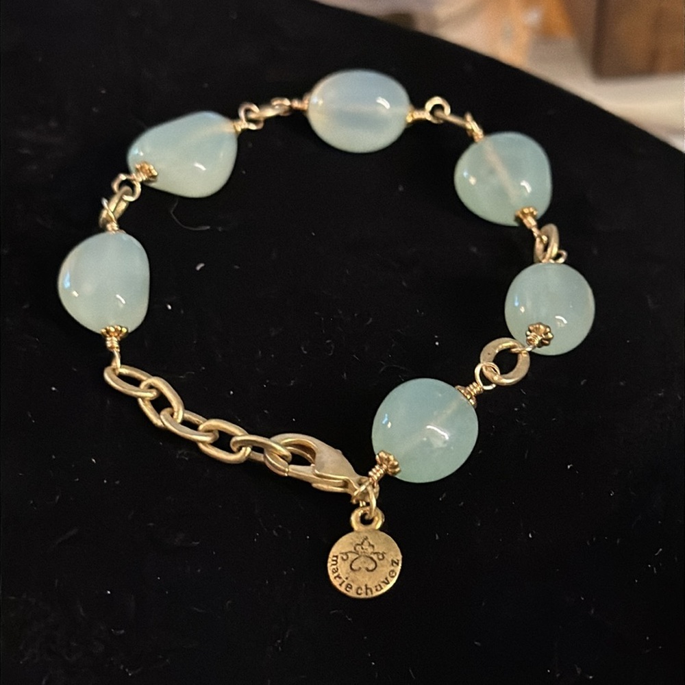 Semi precious stone polished aqua chalcedony gold tone bracelet adjustable